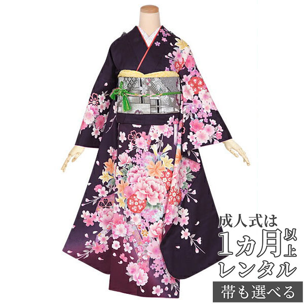 楽天市場】【成人式 振袖 レンタル】RS1309 正絹 紺 牡丹と蘭のブーケ