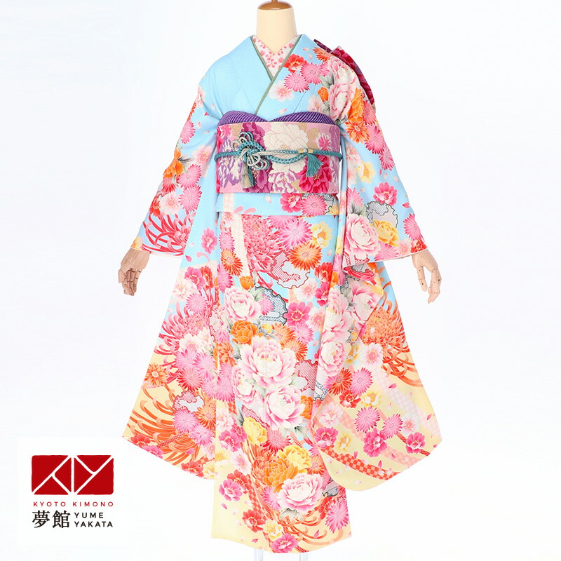 【振袖 レンタル】 結婚式 結納R1455水色　雪輪に菊と牡丹 振袖 レンタル フルセット ふりそで 振り袖 結婚式 披露宴 親族 卒業式 パーティー 結納 着物レンタル 貸衣装 女性 和服 往復送料無料