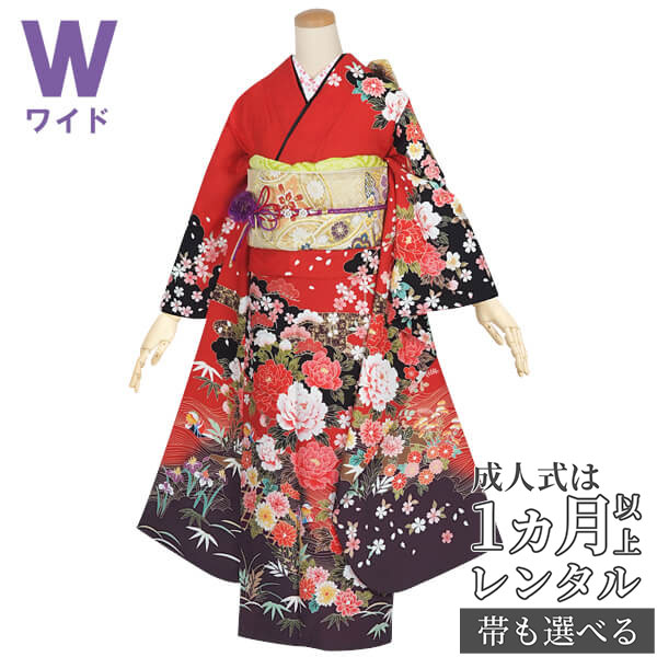 【成人式 振袖 レンタル】RS1468赤　牡丹に鴛鴦フルセット 往復送料無料 /女性和服/結婚式 和服 着物セット/小物 セット 振り袖 【レンタル】
