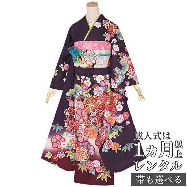 【成人式 振袖 レンタル】RS1481 正絹 紫 桜菊に松竹梅フルセット 往復送料無料 /女性和服/結婚式 和服 着物セット/小物 セット 振り袖 【レンタル】