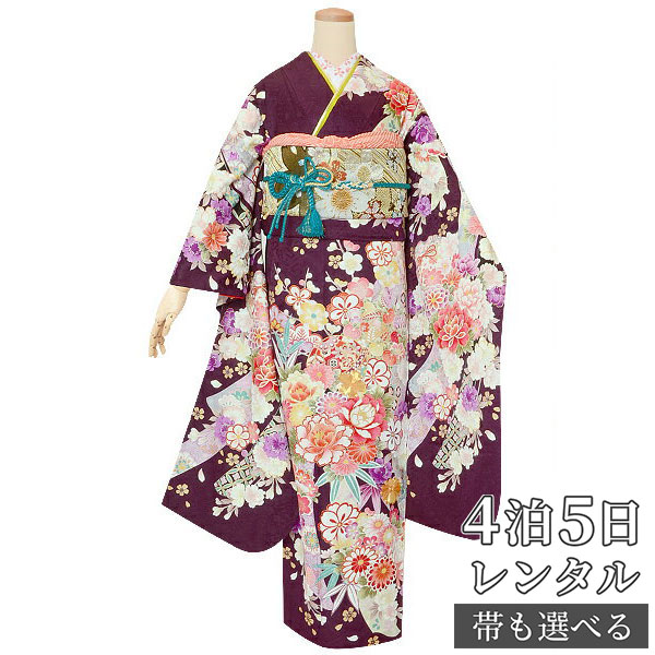 【振袖 レンタル】 結婚式 結納R1485 正絹 紫　束ね熨斗花 振袖 レンタル フルセット ふりそで 振り袖 結婚式 披露宴 親族 卒業式 パーティー 結納 着物レンタル 貸衣装 女性 和服 往復送料無料【訳あり】