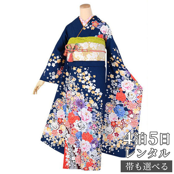 【振袖 レンタル】 結婚式 結納R1504紺 流水牡丹桜 振袖 レンタル フルセット ふりそで 振り袖 結婚式 披露宴 親族 卒業式 パーティー 結納 着物レンタル 貸衣装 女性 和服 往復送料無料|京都着物レンタル夢館