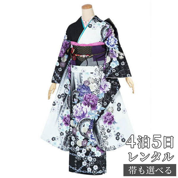 【振袖 レンタル】 結婚式 結納R1512白黒　　牡丹とチェーン 振袖 レンタル フルセット ふりそで 振り袖 結婚式 披露宴 親族 卒業式 パーティー 結納 着物レンタル 貸衣装 女性 和服 往復送料無料