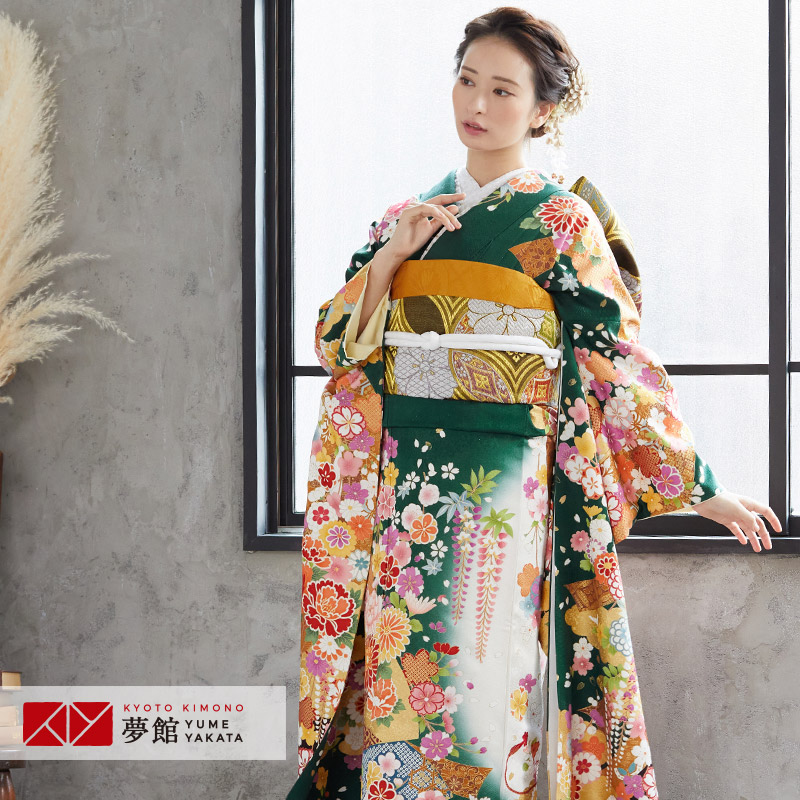 【振袖 レンタル】 結婚式 結納R1533 正絹 深緑 豪華古典熨斗桜 振袖 レンタル フルセット ふりそで 振り袖 結婚式 披露宴 親族 卒業式 パーティー 結納 着物レンタル 貸衣装 女性 和服 往復送料無料｜京都着物レンタル夢館