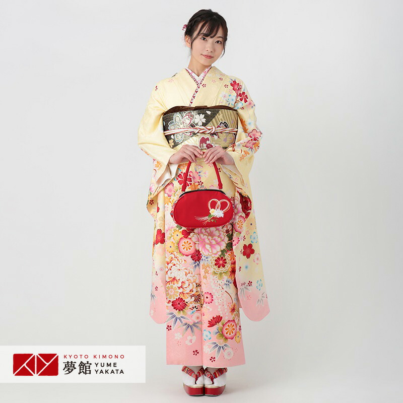 【振袖 レンタル】 結婚式 結納R1557 正絹 黄色 可愛い牡丹花 振袖 レンタル フルセット ふりそで 振り袖 結婚式 披露宴 親族 卒業式 パーティー 結納 着物レンタル 貸衣装 女性 和服 往復送料無料
