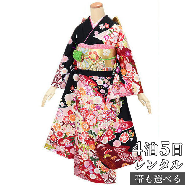 【振袖 レンタル】 結婚式 結納R1590 正絹 黒　雲取に花と毬 振袖 レンタル フルセット ふりそで 振り袖 結婚式 披露宴 親族 卒業式 パーティー 結納 着物レンタル 貸衣装 女性 和服 往復送料無料【訳あり】