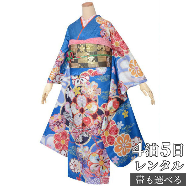 【振袖 レンタル】 結婚式 結納R1593青　菊桜 振袖 レンタル フルセット ふりそで 振り袖 結婚式 披露宴 親族 卒業式 パーティー 結納 着物レンタル 貸衣装 女性 和服 往復送料無料