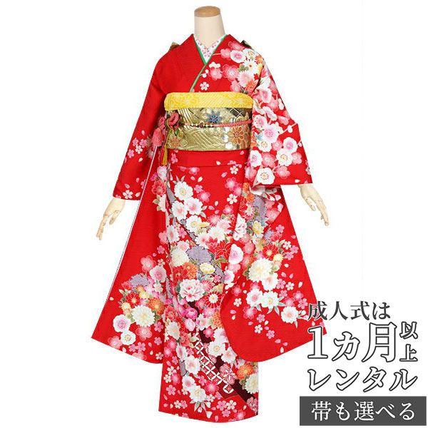 成人式は1ヶ月以上レンタルok 振袖 成人式 着物セット 振袖 レンタル Rs1601赤 和服 熨斗に花丸紋 成人式 フルセット 往復送料無料 足袋プレゼント 女性和服 ふりそで Rental れんたる せいじんしき 振り袖 訳あり 京都着物レンタル夢館12月 1月利用