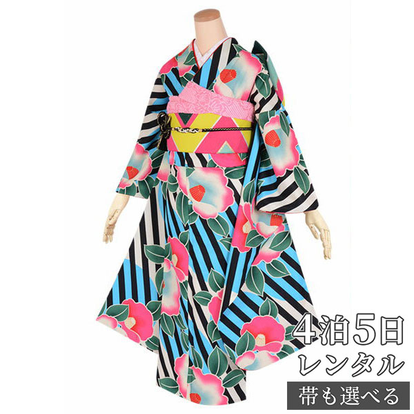 【振袖 レンタル】 結婚式 結納R1609ブルー 大輪椿 斜め縞 Xmiss 振袖 レンタル フルセット ふりそで 振り袖 結婚式 披露宴 親族 卒業式 パーティー 結納 着物レンタル 貸衣装 女性 和服 往復送料無料｜京都着物レンタル夢館