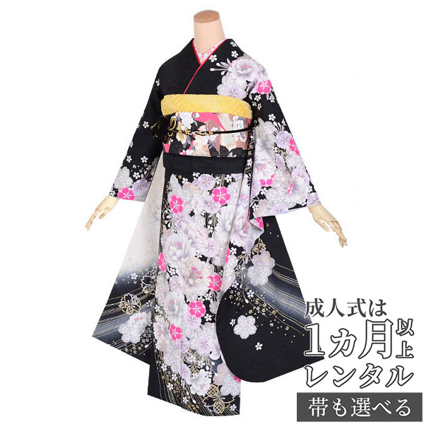 【成人式 振袖 レンタル】RS1639 正絹 黒白　幻想桜文様フルセット 往復送料無料 /女性和服/結婚式 和服 着物セット/小物 セット 振り袖 【レンタル】