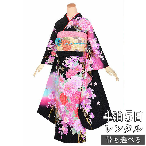 【振袖 レンタル】 結婚式 結納R1641 正絹 黒　桜に洋花 振袖 レンタル フルセット ふりそで 振り袖 結婚式 披露宴 親族 卒業式 パーティー 結納 着物レンタル 貸衣装 女性 和服 往復送料無料