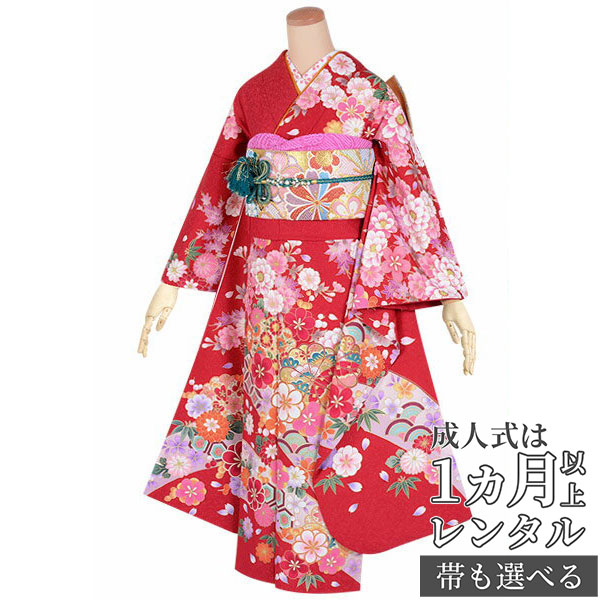 楽天市場】【成人式 振袖 レンタル】RS1626 正絹 赤 牡丹と桜に鞠（絹