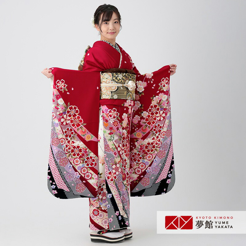 【成人式 振袖 レンタル】RS1656 正絹 赤　熨斗に枝垂桜フルセット 往復送料無料 /女性和服/結婚式 和服 着物セット/小物 セット 振り袖 【レンタル】