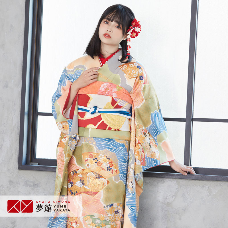 【振袖 レンタル】 結婚式 結納R1666 正絹 緑 扇面草花文様 振袖 レンタル フルセット ふりそで 振り袖 結婚式 披露宴 親族 卒業式 パーティー 結納 着物レンタル 貸衣装 女性 和服 往復送料無料