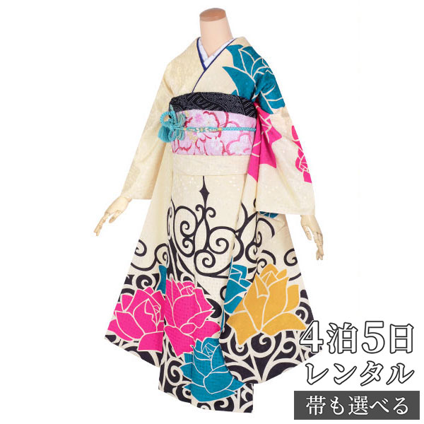 男の子向けプレゼント集結 レンタル 振袖 結婚式 往復送料無料 和服 女性 貸衣装 着物レンタル 結納 パーティー 卒業式 親族 披露宴 結婚式 振り袖 振袖セット ふりそで フルセット レンタル 振袖 モダンアンテナ レトロモダン薔薇 結納r1672クリーム色 着物セット