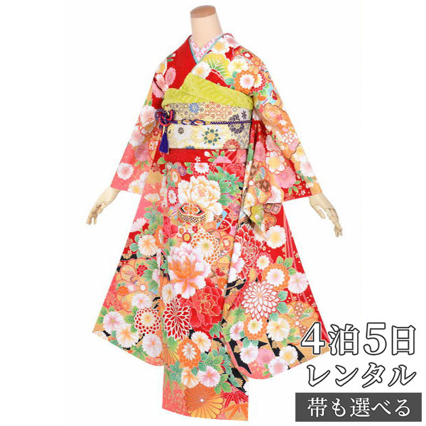 【振袖 レンタル】 結婚式 結納R1674 正絹 赤 平安朝 御簾に松牡丹 振袖 レンタル フルセット ふりそで 振り袖 結婚式 披露宴 親族 卒業式 パーティー 結納 着物レンタル 貸衣装 女性 和服 往復送料無料
