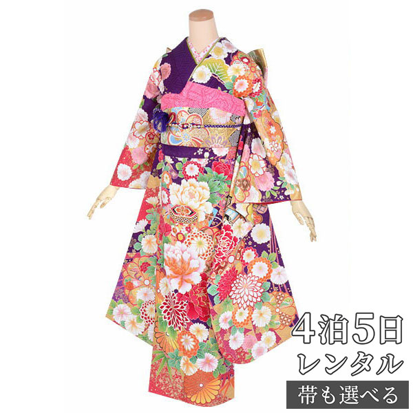 【振袖 レンタル】 結婚式 結納R1678 正絹 紫　雲取に花と宝尽くし 振袖 レンタル フルセット ふりそで 振り袖 結婚式 披露宴 親族 卒業式 パーティー 結納 着物レンタル 貸衣装 女性 和服 往復送料無料