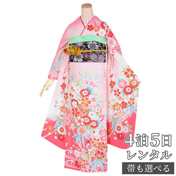 着物 振袖 155 164cm 2月 11月利用 和服 振袖 着物セット レンタル 送料無料 振袖 レンタル 貸衣装 振袖 レンタル 結婚式 結納r1702ピンク 藤に流水花文 レンタル フルセット ふりそで 振袖セット 振り袖 結婚式 披露宴 親族 卒業式 パーティー 結納 着物レンタル