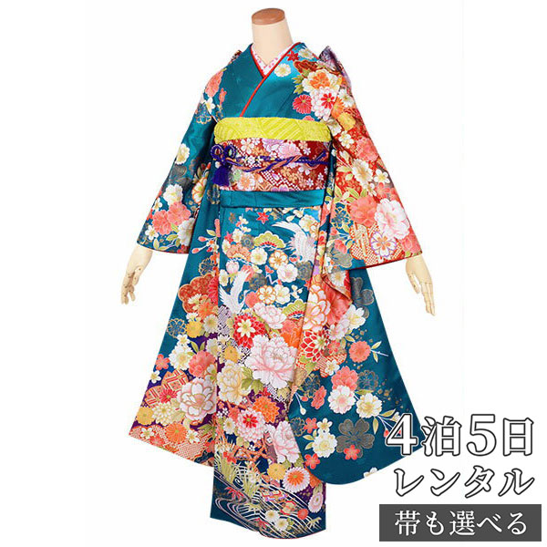 【振袖 レンタル】 結婚式 結納R1707 正絹 青　花尽くし（絹） 振袖 レンタル フルセット ふりそで 振り袖 結婚式 披露宴 親族 卒業式 パーティー 結納 着物レンタル 貸衣装 女性 和服 往復送料無料【訳あり】