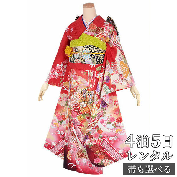 【振袖 レンタル】 結婚式 結納R1711 正絹 赤　雲取り熨斗花文様（絹） 振袖 レンタル フルセット ふりそで 振り袖 結婚式 披露宴 親族 卒業式 パーティー 結納 着物レンタル 貸衣装 女性 和服 往復送料無料