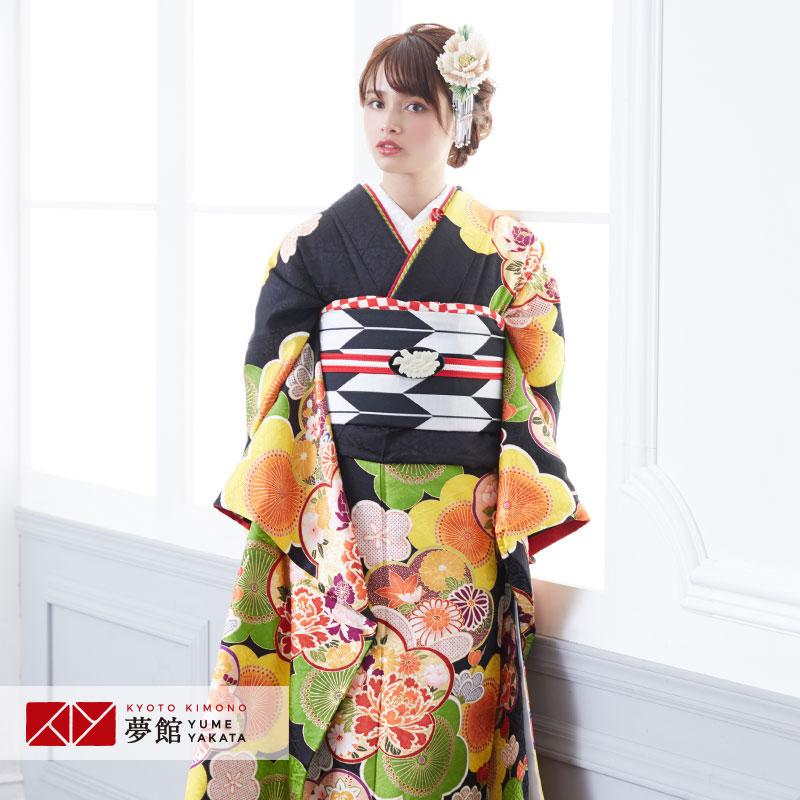 【振袖 レンタル】 結婚式 結納R1731 正絹 黒 梅尽くし（絹） 振袖 レンタル フルセット ふりそで 振り袖 結婚式 披露宴 親族 卒業式 パーティー 結納 着物レンタル 貸衣装 女性 和服 往復送料無料
