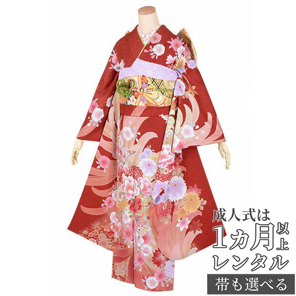 〔成人式 振袖 レンタル〕RS1741 正絹 赤　大輪菊に花扇（絹）（R1742）フルセット 往復送料無料 /女性和服/結婚式 和服 着物セット/小物 セット 振り袖 【レンタル】｜京都着物レンタル夢館