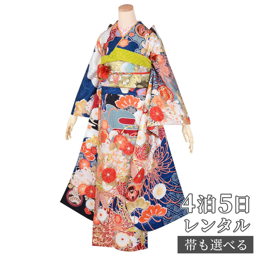 【振袖 レンタル】 結婚式 結納R1753 正絹 青　雪輪に糸菊（絹） 振袖 レンタル フルセット ふりそで 振り袖 結婚式 披露宴 親族 卒業式 パーティー 結納 着物レンタル 貸衣装 女性 和服 往復送料無料【訳あり】