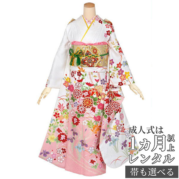 【成人式 振袖 レンタル】RS1761 正絹 白　四季花流水フルセット 往復送料無料 /女性和服/結婚式 和服 着物セット/小物 セット 振り袖 【レンタル】【訳あり】｜京都着物レンタル夢館