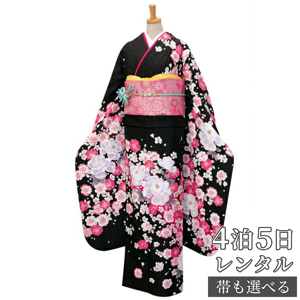 【振袖 レンタル】 結婚式 結納R1765黒　白牡丹と八重桜 振袖 レンタル フルセット ふりそで 振り袖 結婚式 披露宴 親族 卒業式 パーティー 結納 着物レンタル 貸衣装 女性 和服 往復送料無料【訳あり】