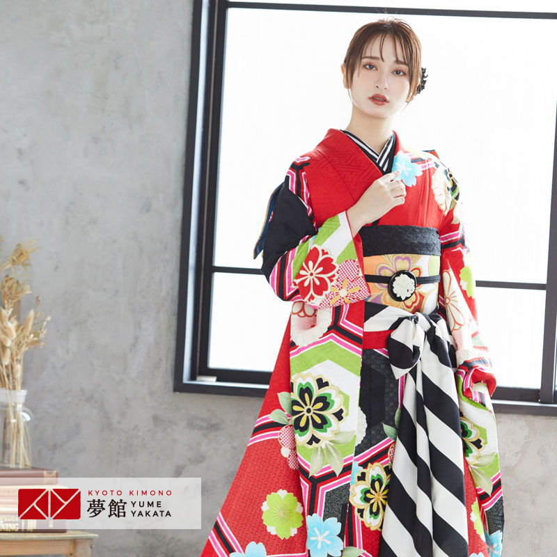 【成人式 振袖 レンタル】RS1773 正絹 赤 亀甲に桜梅菊フルセット 往復送料無料 /女性和服/結婚式 和服 着物セット/小物 セット 振り袖 【レンタル】 51,840円