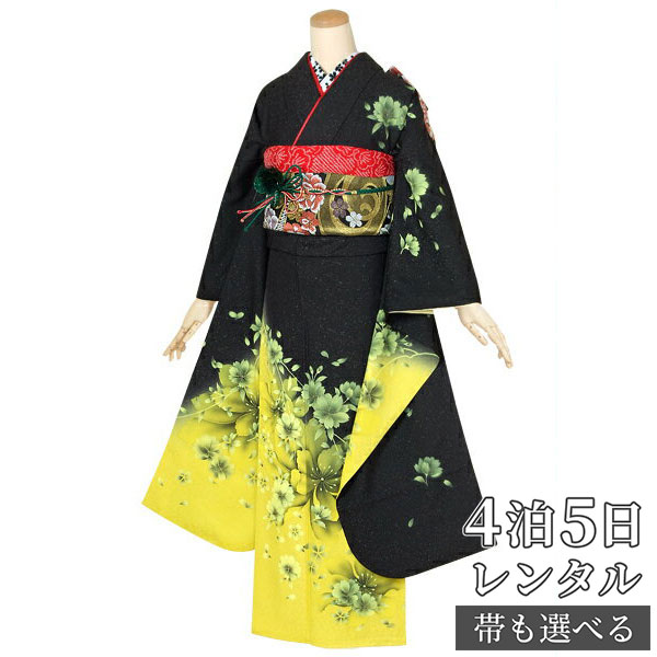 【振袖 レンタル】 結婚式 結納R1781 正絹 黒&times;黄　枝垂桜 振袖 レンタル フルセット ふりそで 振り袖 結婚式 披露宴 親族 卒業式 パーティー 結納 着物レンタル 貸衣装 女性 和服 往復送料無料｜京都着物レンタル夢館