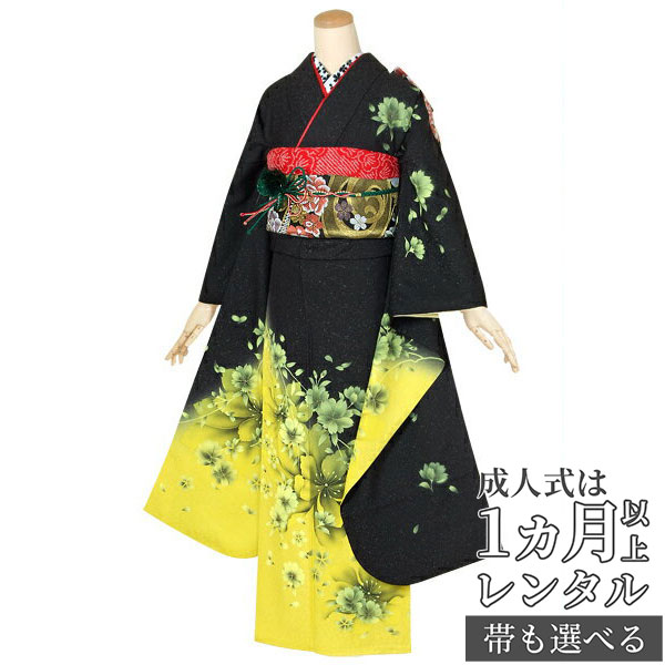 【成人式 振袖 レンタル】RS1781 正絹 黒×黄　枝垂桜フルセット 往復送料無料 /女性和服/結婚式 和服 着物セット/小物 セット 振り袖 【レンタル】