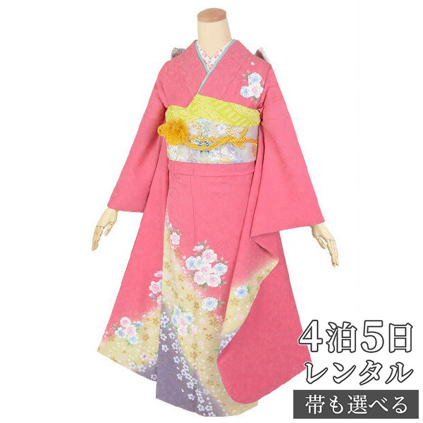 【振袖 レンタル】 結婚式 結納R1785 正絹 ピンク　桜花（絹） 振袖 レンタル フルセット ふりそで 振り袖 結婚式 披露宴 親族 卒業式 パーティー 結納 着物レンタル 貸衣装 女性 和服 往復送料無料 9,230円