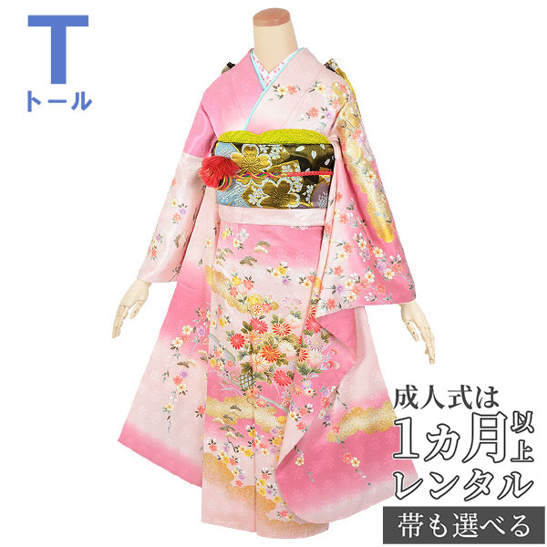 【成人式 振袖 レンタル】RS1788 正絹 ピンク　格子雲取流水に花籠（絹）フルセット 往復送料無料 /女性和服/結婚式 和服 着物セット/小物 セット 振り袖 【レンタル】