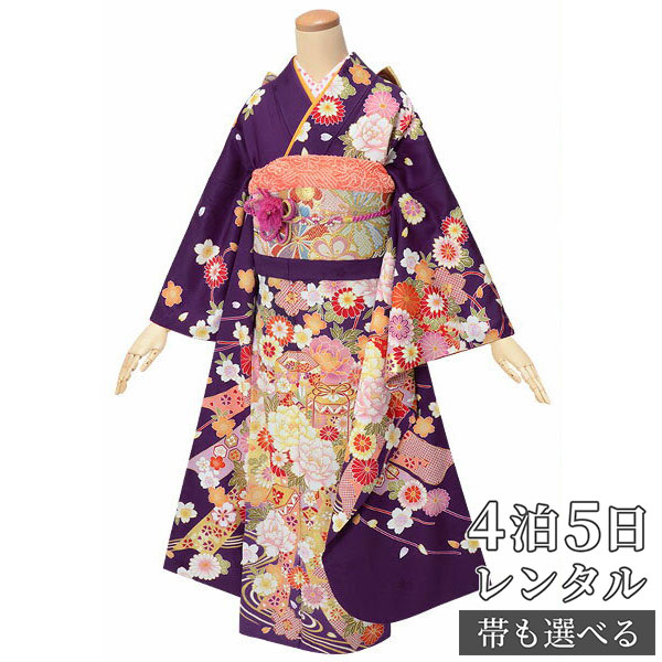 【振袖 レンタル】 結婚式 結納R1796 正絹 紫　熨斗に貝桶と花（絹） 振袖 レンタル フルセット ふりそで 振り袖 結婚式 披露宴 親族 卒業式 パーティー 結納 着物レンタル 貸衣装 女性 和服 往復送料無料【訳あり】｜京都着物レンタル夢館 11,840円