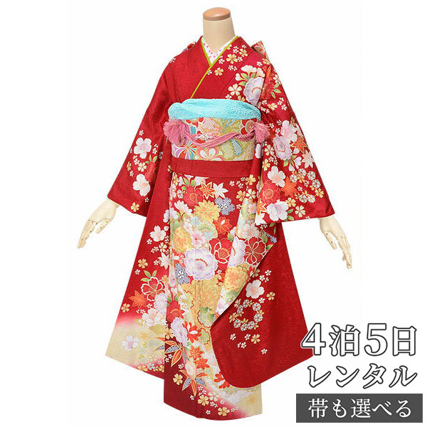 【振袖 レンタル】 結婚式 結納R1802 正絹 赤 熨斗に菊桜 振袖 レンタル フルセット ふりそで 振り袖 結婚式 披露宴 親族 卒業式 パーティー 結納 着物レンタル 貸衣装 女性 和服 往復送料無料|京都着物レンタル夢館