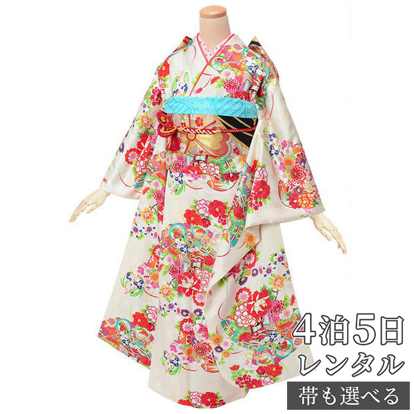 【振袖 レンタル】 結婚式 結納R1804 正絹 白　桧扇花に御所車（絹） 振袖 レンタル フルセット ふりそで 振り袖 結婚式 披露宴 親族 卒業式 パーティー 結納 着物レンタル 貸衣装 女性 和服 往復送料無料