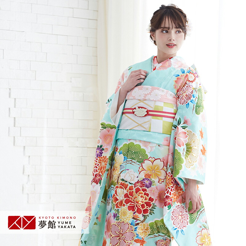 【振袖 レンタル】 結婚式 結納R1823 正絹 水浅葱×黄色 松桜牡丹に毬 振袖 レンタル フルセット ふりそで 振り袖 結婚式 披露宴 親族 卒業式 パーティー 結納 着物レンタル 貸衣装 女性 和服 往復送料無料