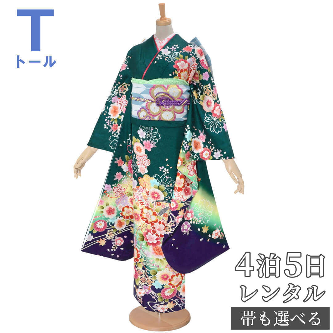 【振袖 レンタル】 結婚式 結納R1834 正絹 緑 流水に菊桜と毬 振袖 レンタル フルセット ふりそで 振り袖 結婚式 披露宴 親族 卒業式 パーティー 結納 着物レンタル 貸衣装 女性 和服 往復送料無料
