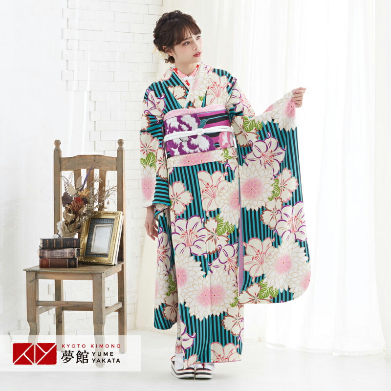 【振袖 レンタル】 結婚式 結納R1853黒×緑 縞に撫子と百合に菊 紅一点 振袖 レンタル フルセット ふりそで 振り袖 結婚式 披露宴 親族 卒業式 パーティー 結納 着物レンタル 貸衣装 女性 和服 往復送料無料