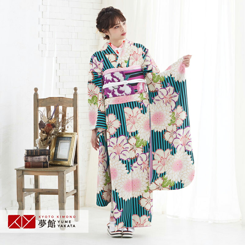 成人式早割クーポン10%オフ【振袖 レンタル】RS1853黒×緑 縞に撫子と百合に菊 紅一点 フルセット 往復送料無料 /女性和服/結婚式 和服 着物セット/小物 セット 振り袖 【レンタル】