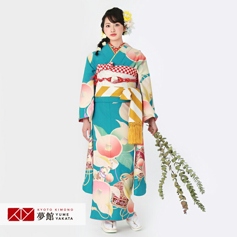 送料無料 着物 レンタル 振袖 155 164cm 2月 11月利用 レンタル 往復送料無料レディースファッション レンタル 振袖 ふりそで 芸艸堂 振袖 和服 結婚式 結納r18ターコイズブルー 椿と文箱 振袖 レンタル フルセット ふりそで 振袖セット 振り袖 結婚式 披露宴