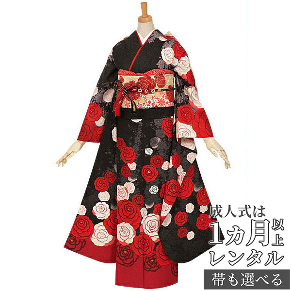 成人式早割クーポン10%オフ【振袖 レンタル】RS1888 正絹 黒 ローズガーデンフルセット 往復送料無料 /女性和服/結婚式 和服 着物セット/小物 セット 振り袖 【レンタル】