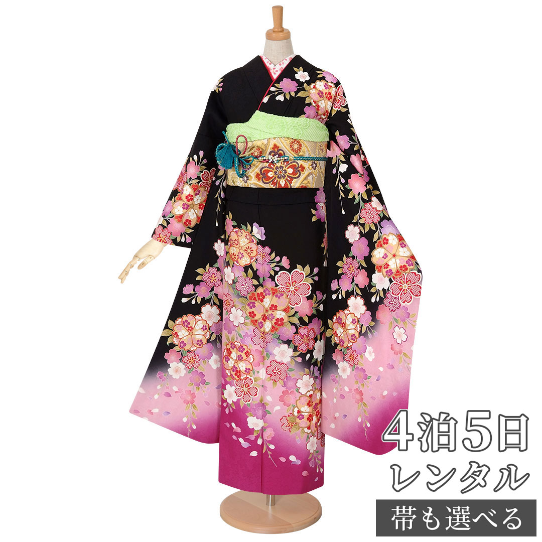 【振袖 レンタル】 結婚式 結納R1896 正絹 黒　枝垂桜 振袖 レンタル フルセット ふりそで 振り袖 結婚式 披露宴 親族 卒業式 パーティー 結納 着物レンタル 貸衣装 女性 和服 往復送料無料【訳あり】