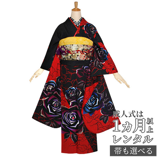 振袖 上村松園 薔薇 金彩 黒紅色 正絹 反物 振袖 上村松園 薔薇 金彩 黒紅色 正絹 反物 NO.31 黒地 バラ柄