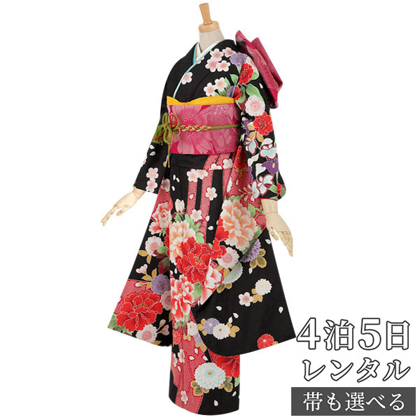 【振袖 レンタル】 結婚式 結納R1899黒　絞り柄に牡丹と梅・菊 H 振袖 レンタル フルセット ふりそで 振り袖 結婚式 披露宴 親族 卒業式 パーティー 結納 着物レンタル 貸衣装 女性 和服 往復送料無料【訳あり】
