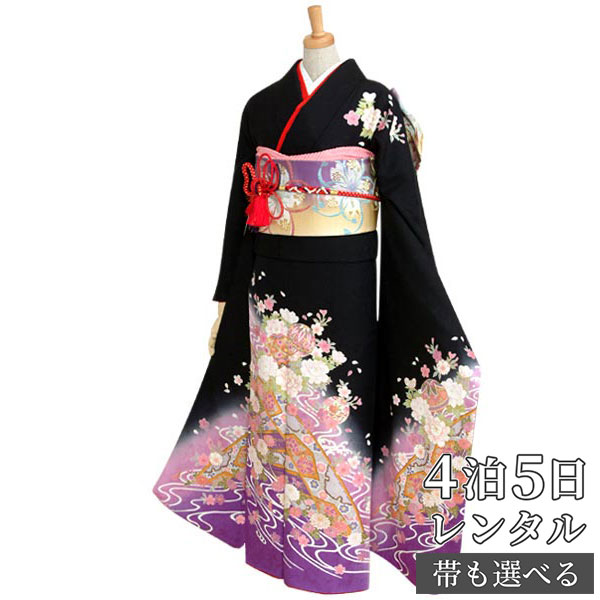 【振袖 レンタル】 結婚式 結納R208 正絹 黒 流水と手鞠 振袖 レンタル フルセット ふりそで 振り袖 結婚式 披露宴 親族 卒業式 パーティー 結納 着物レンタル 貸衣装 女性 和服 往復送料無料