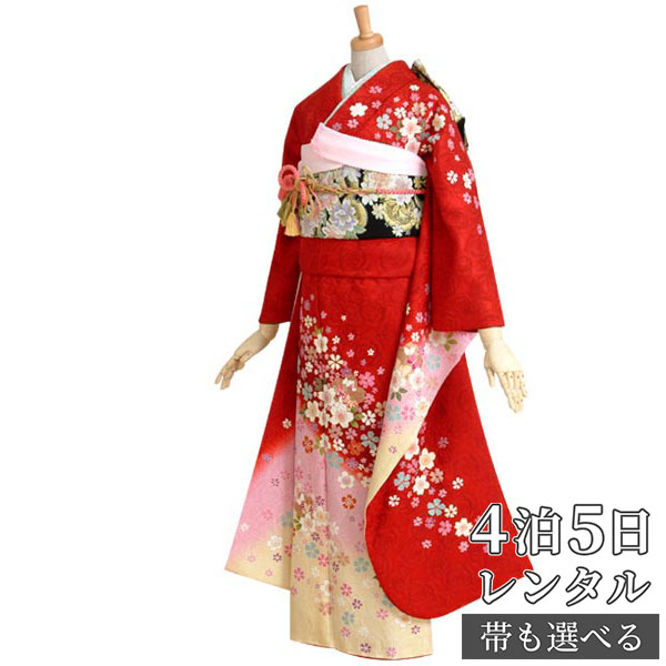 【振袖 レンタル】 結婚式 結納R211 正絹 赤薔薇地模様　桜ピンクぼかし 振袖 レンタル フルセット ふりそで 振り袖 結婚式 披露宴 親族 卒業式 パーティー 結納 着物レンタル 貸衣装 女性 和服 往復送料無料【訳あり】