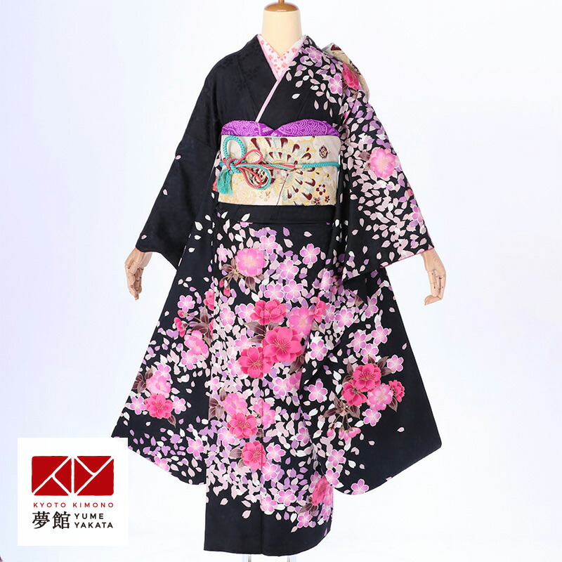 【成人式 振袖 レンタル】RS231黒　桜づくしフルセット 往復送料無料 /女性和服/結婚式 和服 着物セット/小物 セット 振り袖 【レンタル】 19,906円