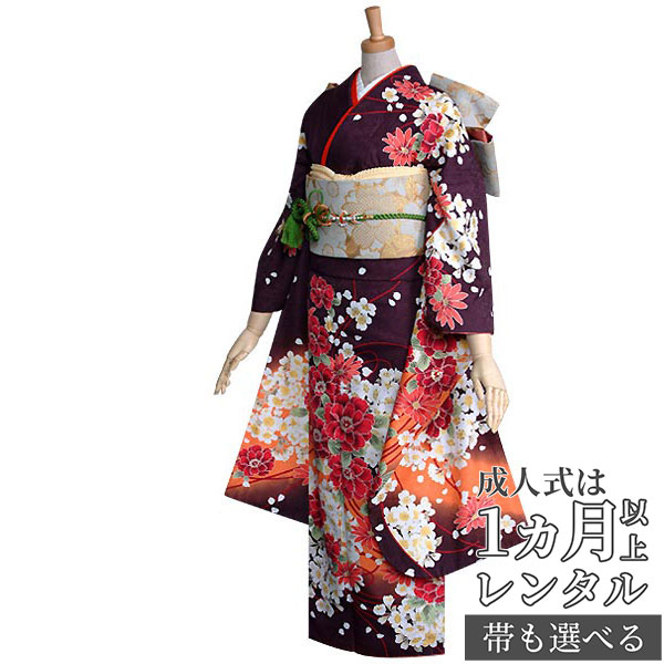 【成人式 振袖 レンタル】RS236濃茶紫　桜ブーケフルセット 往復送料無料 /女性和服/結婚式 和服 着物セット/小物 セット 振り袖 【レンタル】